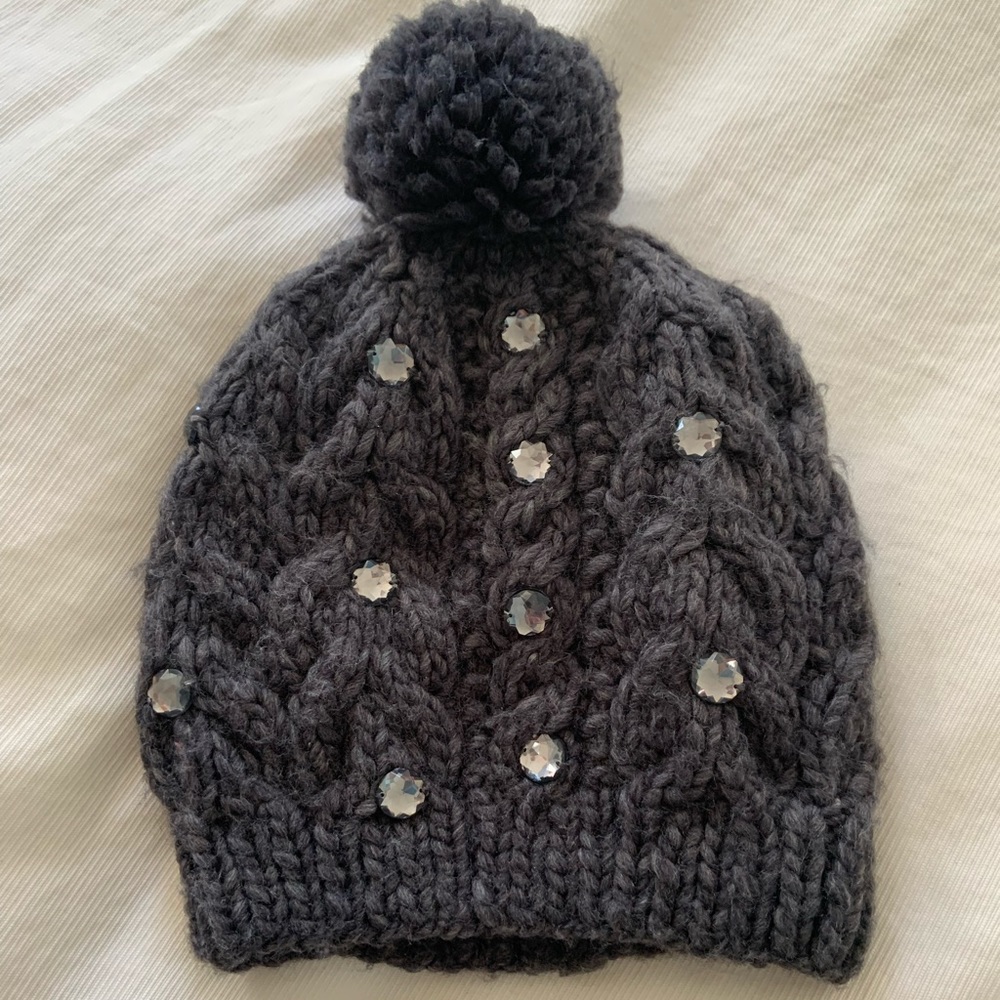 Embelished grey Hat Attack pom beanie